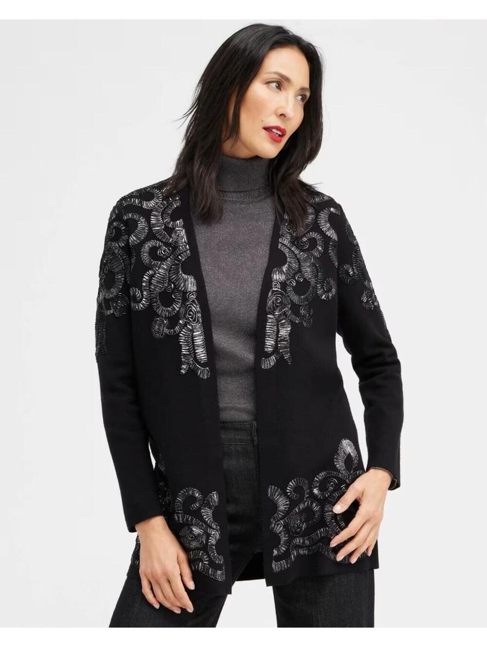 CHICO’S WOMENS Foil Soutache Cardigan Sweater in Black|Silver-Medium